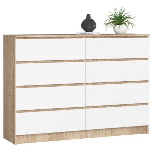 Komoda salon 140 cm 8 szuflad bezuchwytowa pojemna szafka Dąb Sonoma Biała