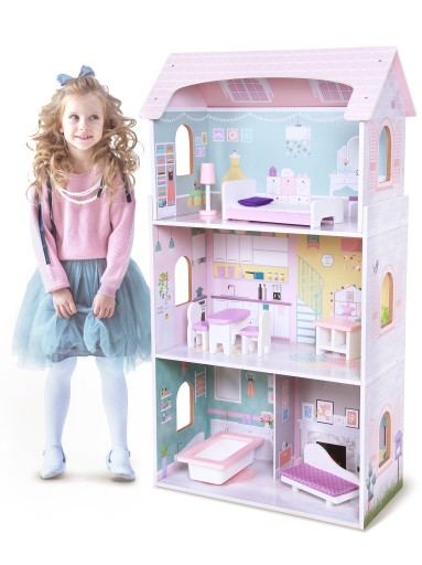 DUŻY DREWNIANY DOMEK DLA LALEK XXL 3PIĘTRA + MEBLE WILLA 95CM