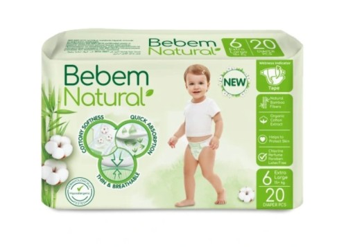 BEBEM NATURAL PIELUSZKI PAMPERSY ROZMIAR 6 XL 15KG+ 20 SZTUK BAMBUSOWE