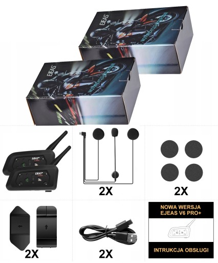 2X INTERKOM INTERCOM MOTOCYKLOWY EJEAS V6 PRO+ NOWA WERSJA 2024 IP67 1200M