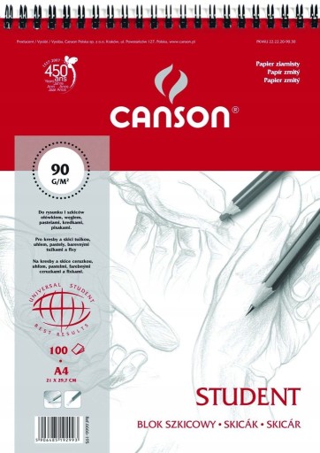 BLOK SZKICOWY STUDENT 90G A4 100ark SPIRALA CANSON