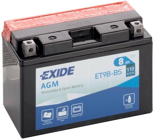 Akumulator motocyklowy EXIDE ET9B-BS YT9B-BS 12V 8Ah 110A EN L+