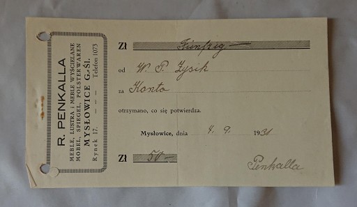 PENKALA MYSŁOWICE. DOKUMENT 1931.
