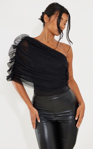 PRETTYLITTLETHING ELEGANCKIE CZARNE BODY DEKOLT ASYMETRYCZNY R.36 A562103
