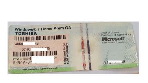 ORYGINALNA NAKLEJKA KLUCZ WINDOWS 7 HOME PREMIUM toshiba