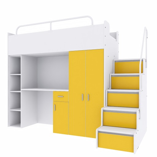 Łóżko piętrowe JSM4 80x190 cm z szafą biurkiem i schodami żółty mat