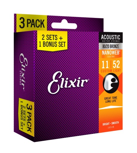 3PACK Struny Elixir NanoWeb 80/20 Bronze 11-52 Custom Light (16538)