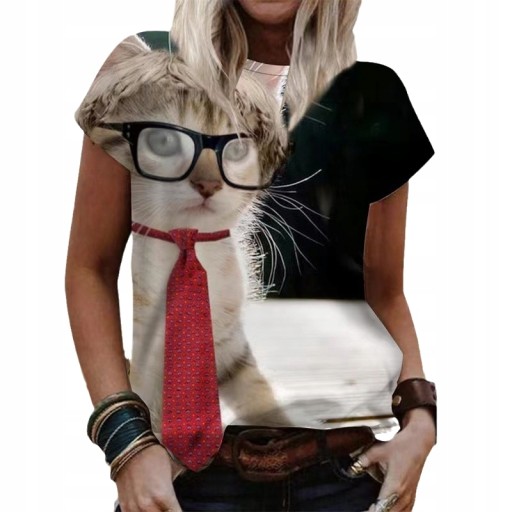 T-SHIRT DAMSKI KOSZULKA WZÓR 3D KOTEK FULLPRINT