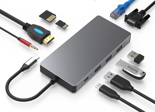 Adapter, HUB, stacja dokująca 10w1 USB-C 3.1 HDMI 4K VGA USB RJ45 SD JACK