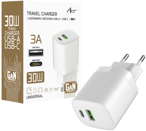 Ładowarka sieciowa zasilacz GAN USB QC4.0 +USB-C PD3.0 30W 3A 20V