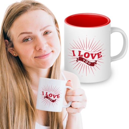 BIAŁY KUBEK Z CZERWONYM WNĘTRZEM 330ml Prezent Upominek I LOVE YOU