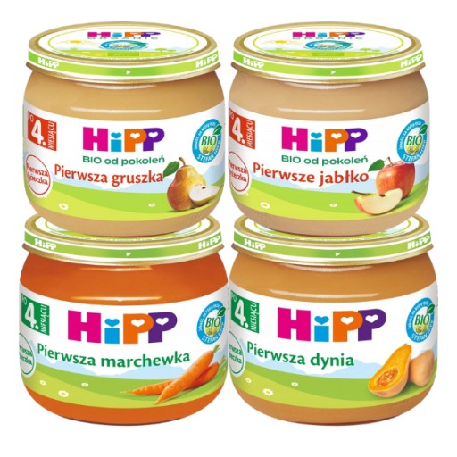 4x HiPP BIO PIERWSZA ŁYŻECZKA 80g marchew, dynia, jabłko, gruszka po 4m.