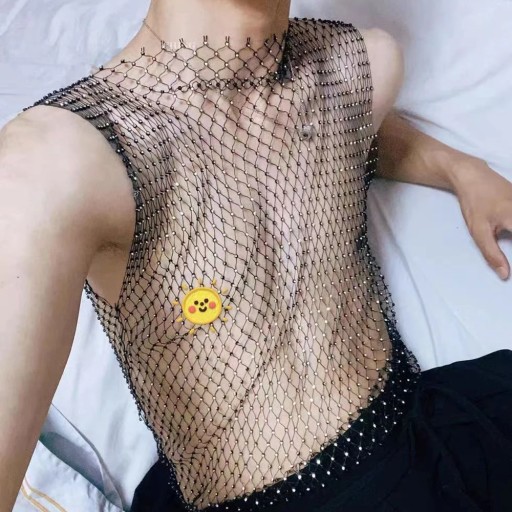 Flash Diamond Vest Mesh Navel Tank Tops Men's Sexy