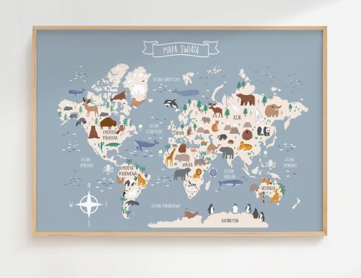 Plakat 50x70 cm Mapa Świata Zwierzęta Niebieska Mapa B2 dla dzieci