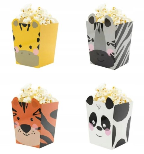 PUDEŁKA NA POPCORN przekąski ZWIERZĘTA zoo roczek urodziny przyjęcie 4 szt