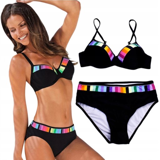 STRÓJ KĄPIELOWY DWUCZĘŚCIOWY BIKINI CZARNY KOLOROWE WSTAWKI PUSH UP S 36