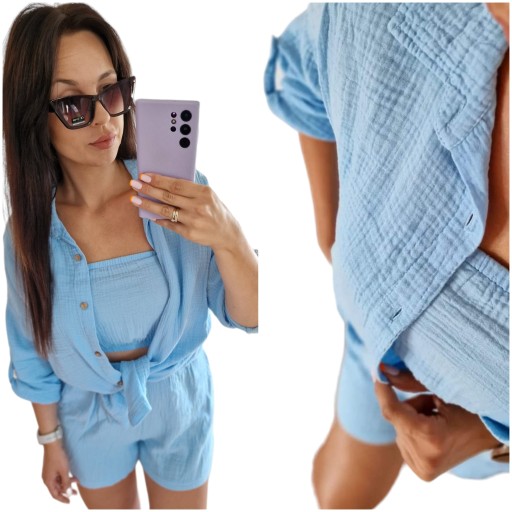 ZESTAW DAMSKI - 3 CZĘŚCIOWY : KOSZULA, SPODENKI + TOP - MUŚLIN , KOLOR BLUE