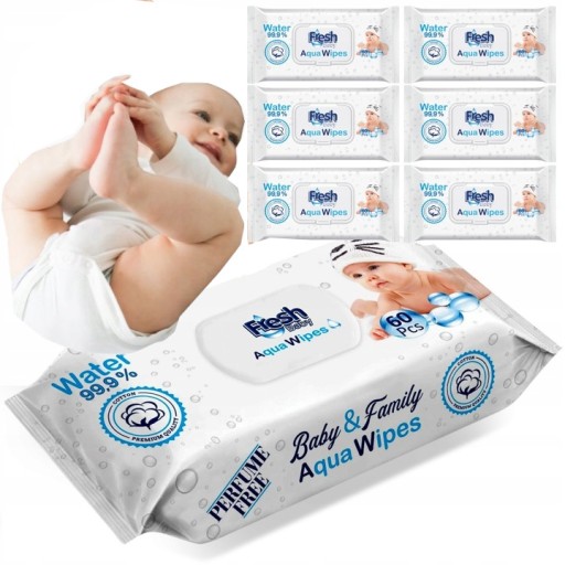 6 x Chusteczki Aqua Fresh Baby 60 Sztuk 99% Wody Mokre Nawilżane Wydajne