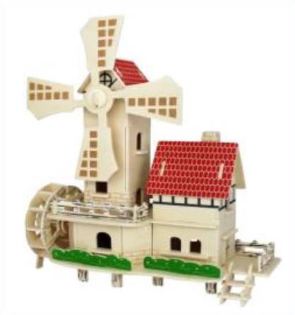 PUZZLE DREWNIANE 3D DOMEK WIATRAK MŁYN WODNY
