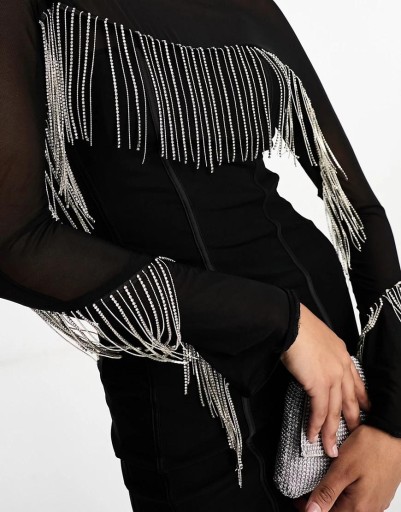 Asos Design NG3 osr ZDOBIONA MINI SUKIENKA FRĘDZLE DŁUGI RĘKAW XL