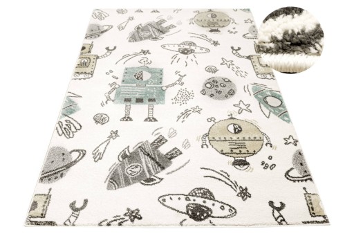 DYWAN DZIECIĘCY W ROBOTY RAKIETY KREM SZARY MIĘKKIE RUNO LIMA 80x150 cm