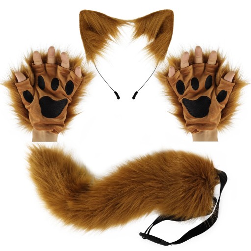 ZESTAW COSPLAY FURRY USZY NA OPASCE + OGON + ŁAPKI MITENKI FUTRZAK