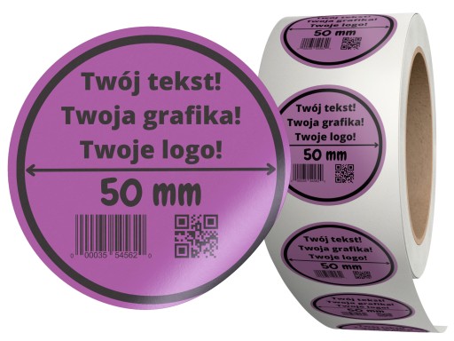 Naklejki TWÓJ TEKST LOGO etykiety - x200 sztuk - Fi50 mm - 5 cm FIOLETOWE
