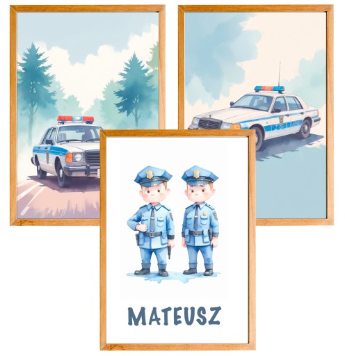 3 OBRAZKI DO POKOJU DZIECIĘCEGO A4 PLAKATY POLICJA BOHO PREZENT IMIE
