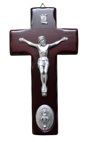 Krzyż Drewniany Wiszący Na Ścianę z Medalionem Niepokalanej 15,5 cm Włoski