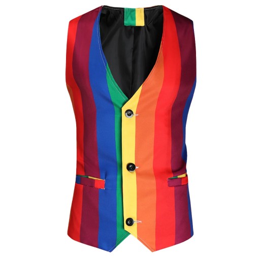 Mens Sleeveless Suit Vests Fashion Rainbow Striped