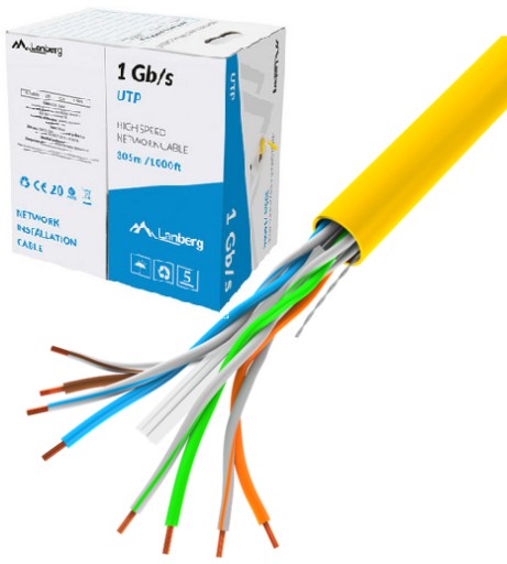 KABEL SIECIOWY LAN UTP LCU 6 305m SKRĘTKA ŻÓŁTY CCA 250 MHz AWG23 RJ45 KAT