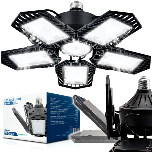 MOCNA Lampa Warsztatowa Do Garażu 80W SUFITOWA Robocza Żarówka LED E27 6w1