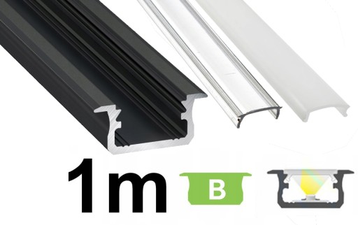 PROFIL ALUMINIOWY czarny wpuszczany typ B do taśm LED 1m + KLOSZ