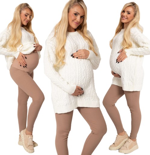 LEGGINSY CIĄŻOWE W PRĄŻEK BAWEŁNIANE Z PANELEM BEŻOWE SPODNIE XL