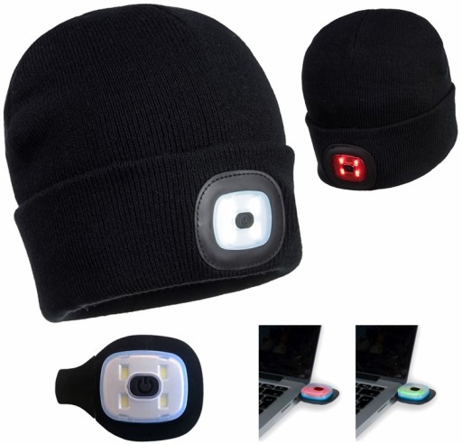 CZAPKA z 2 x LED przód białe tył czerwone USB