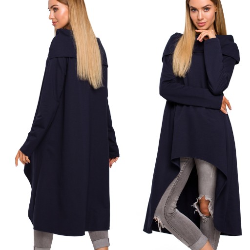 MODNA KOBIECA BLUZA CIEPŁA DŁUGA ASMETRYCZNA GŁADKA GRANATOWA 40/42 L/XL