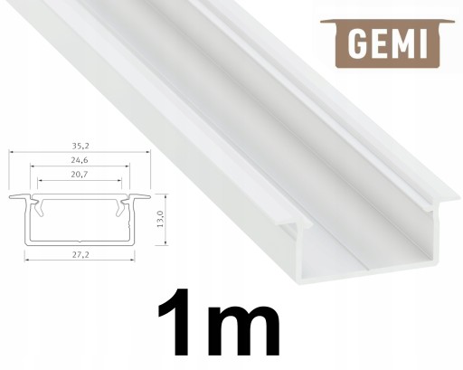 PROFIL DO TAŚM LED SZEROKI NA 2 TAŚMY LED GEMI WPUSZCZANY BIAŁY 1M