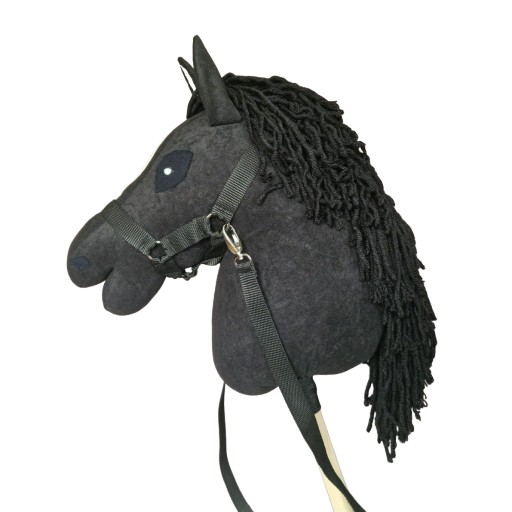 HOBBY HORSE KONIK NA KIJU - CZARNY Z CZARNĄ GRZYWĄ - Z UZDĄ I LEJCAMI