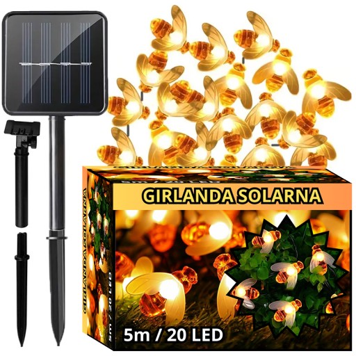 GIRLANDA OGRODOWA SOLARNA | LAMPKI SOLARNE PSZCZOŁY BIAŁY CIEPŁY 5M ZESTAW