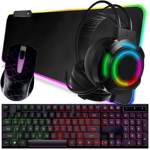 GAMINGOWE Słuchawki nauszne + KLAWIATURA + MYSZKA + PODKŁADKA RGB 4W1
