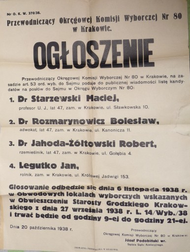 WYBORY DO SEJMU 1938 AFISZ ROBER JAHODA