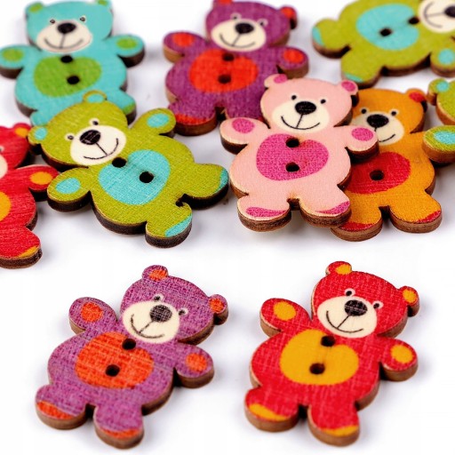 10x Guziki OZDOBNE DREWNIANE naturalne 30x23 mm MISIE MIX KOLORÓW