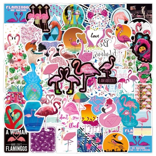 FLAMINGI MIX ZESTAW NAKLEJEK WODOODPORNYCH 50 szt