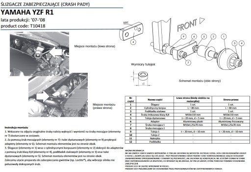 RENNER CRASH PADY YAMAHA YZF-R1 1000 2007-2008 / SLIDERY DO YAMAHY R1