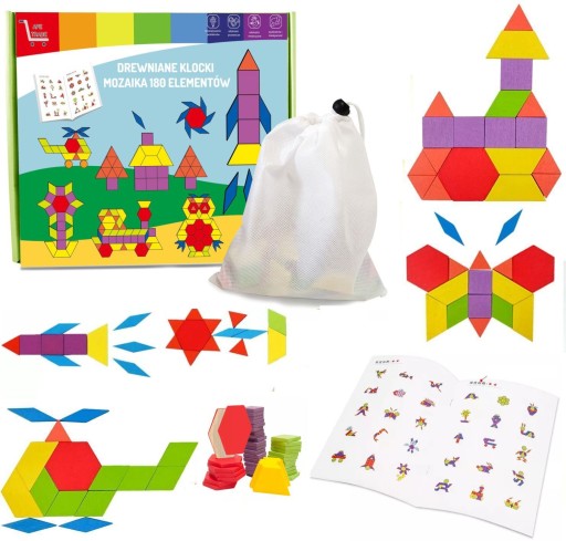 DREWNIANE KLOCKI UKŁADANKA PUZZLE MONTESSORI 180el