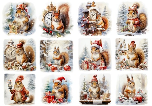Papier klasyczny A4 decoupage Artando Wiewiórki zegary święta zima