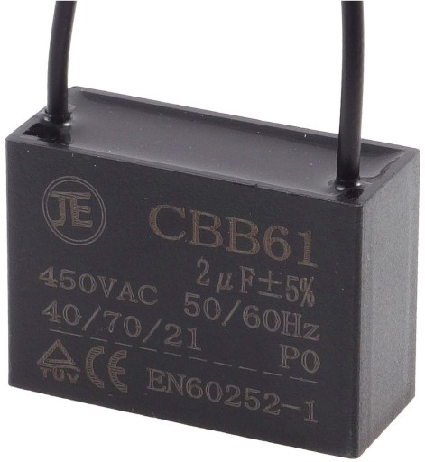 Kondensator rozruchowy silnikowy, CBB61, 2uF 450Vac, przewody