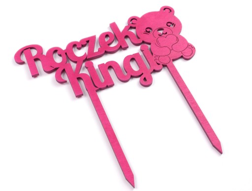 TOPPER NA TORT Roczek 1 Urodzinki Miś Imię Różowy