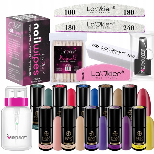 Zestaw do paznokci 10x lakier hybrydowy BOSKA NAILS + gratisy akcesoria