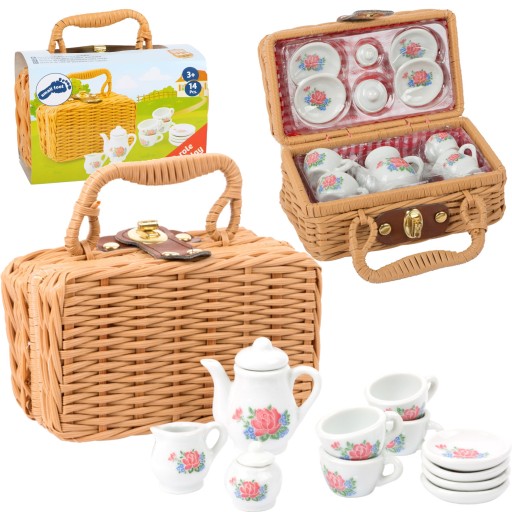 PORCELANOWY MINI ZESTAW DO KAWY W KOSZYCZKU 14 EL.